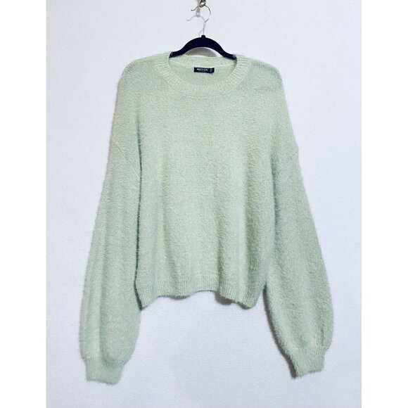 Nasty Gal Sweater Womens Large Puff Sleeve Fuzzy Crew Neck Pullover Boho Green - Picture 1 of 8